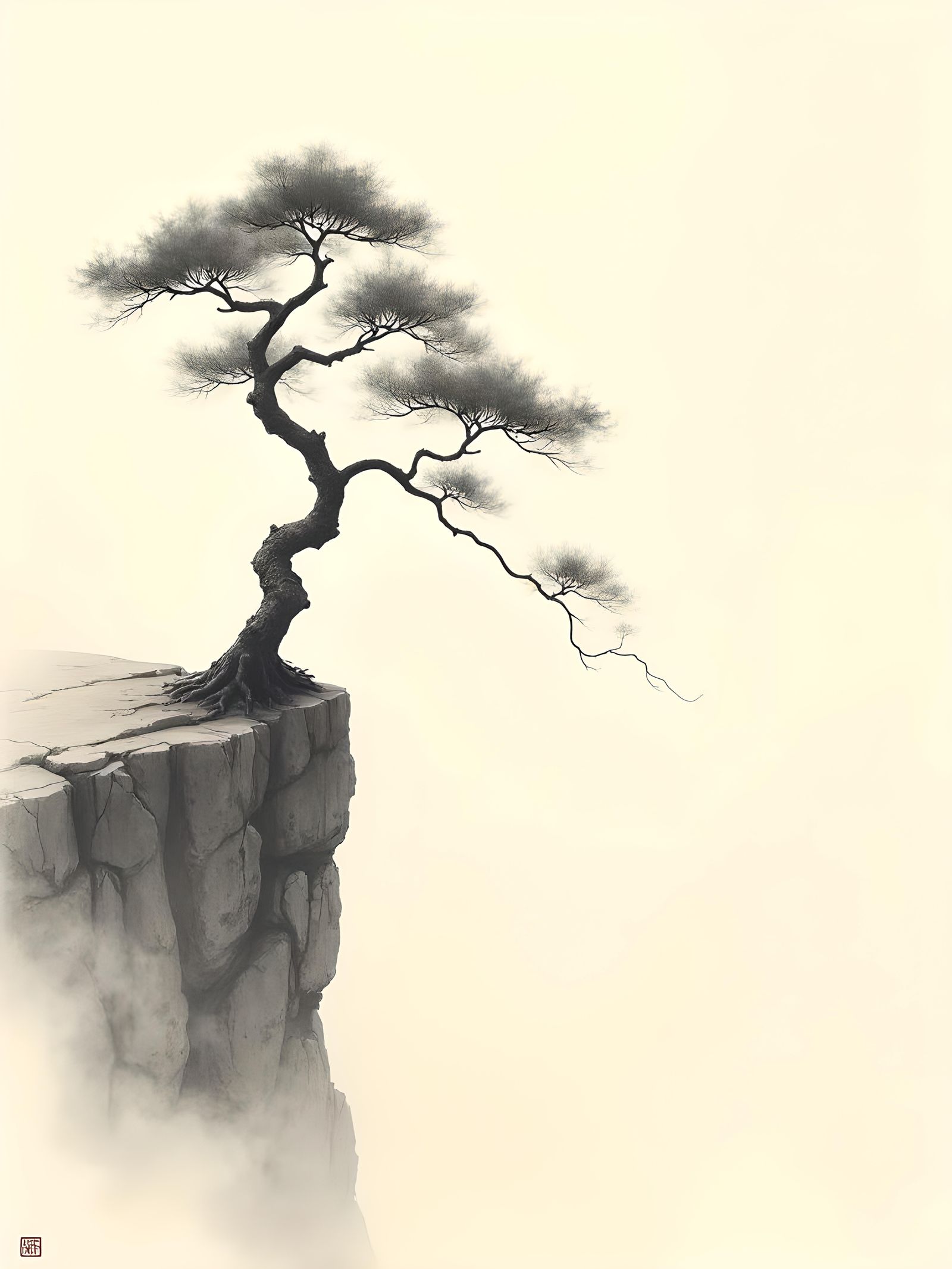Minimalist Chinese Pine Tree in Ink