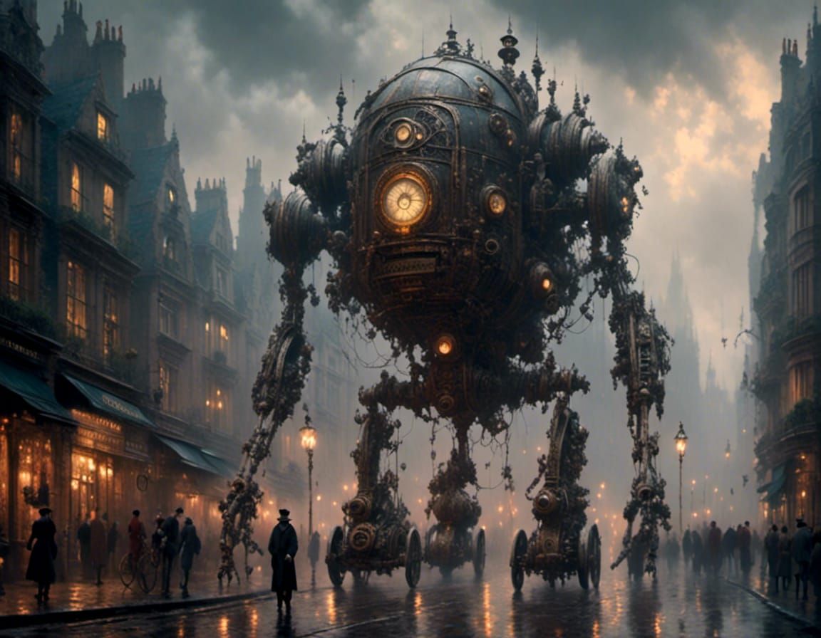 Steampunk Robot Walks Misty Victorian Street