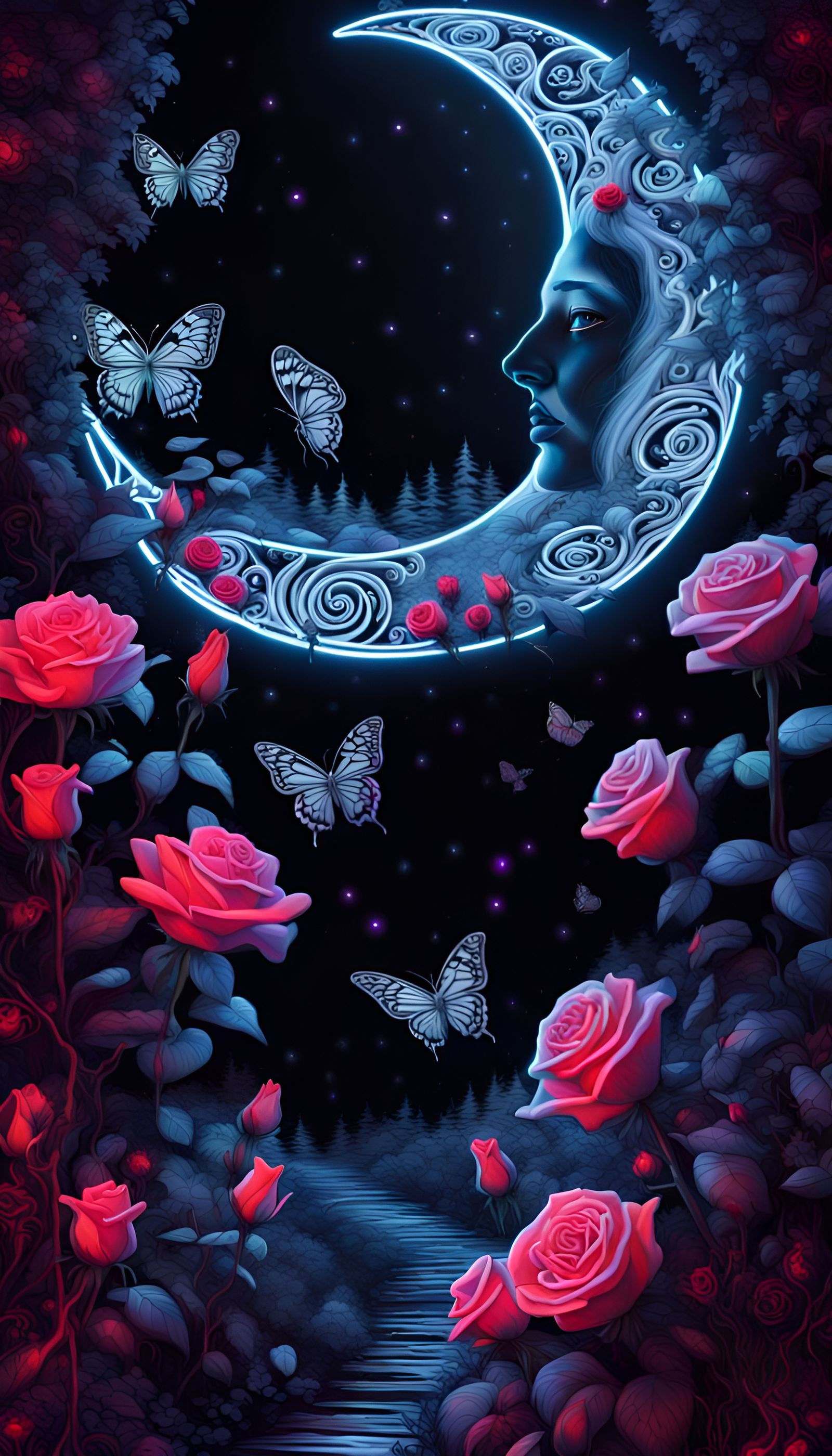 Path, huge crescent moon, butterfly, roses, in a black light fantasy forest