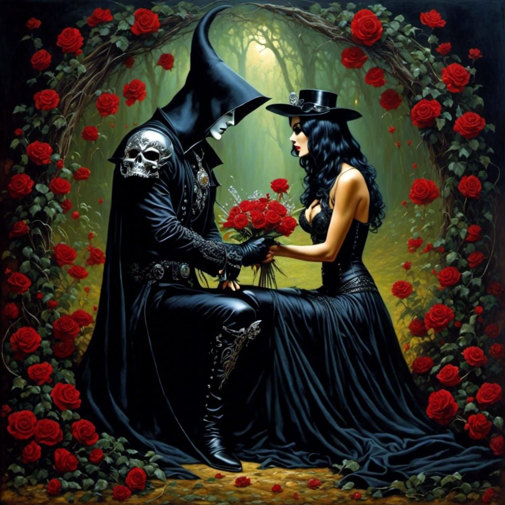 Grim Reaper Proposing to a Lady with Flowers