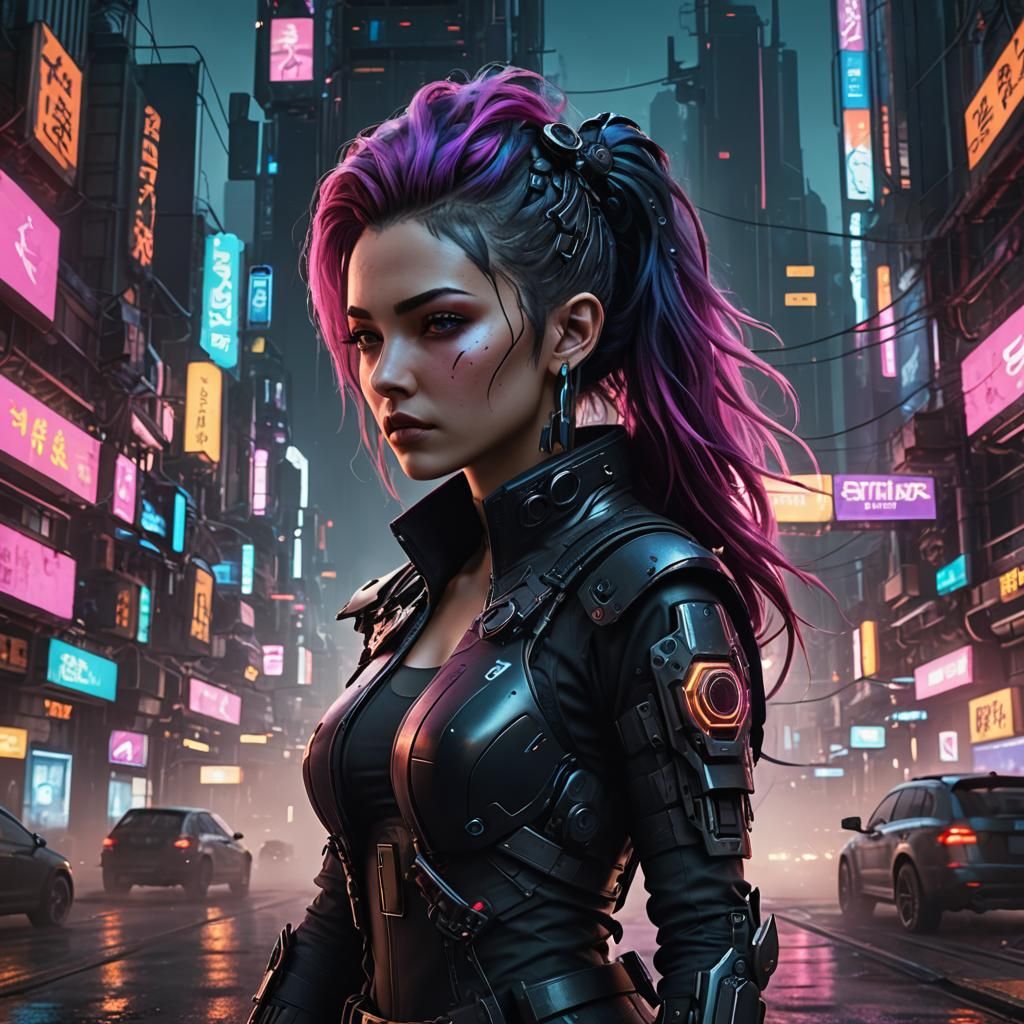 Beautiful Cyberpunk Girl in Detailed Matte Painting