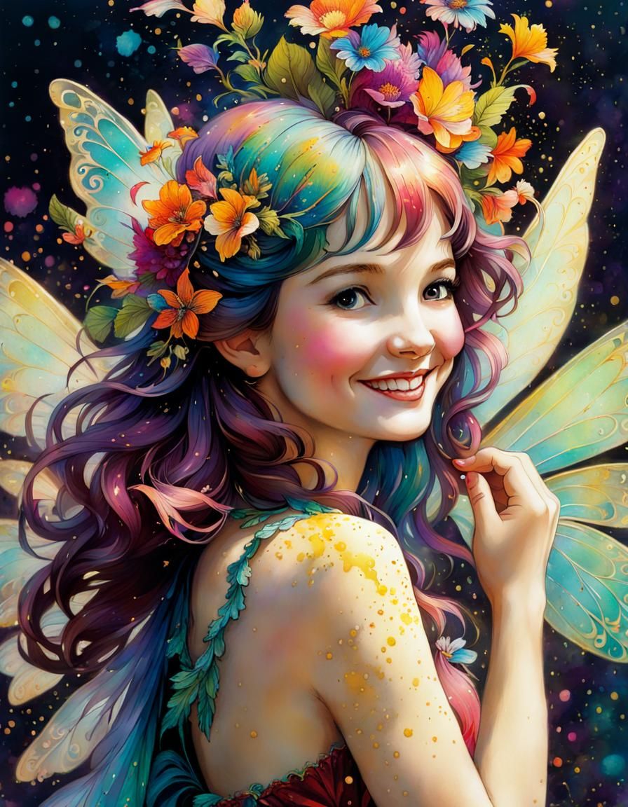 Cheerful Fairy with Floral Details in Vivid Colors
