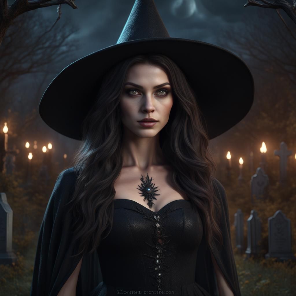Young Witch Portrait in Graveyard, Detailed Matte Painting