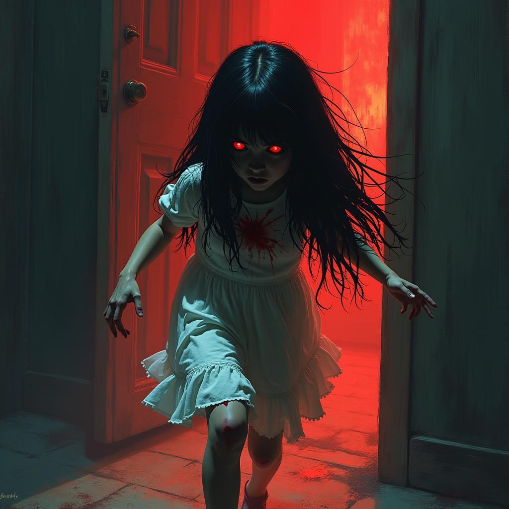 Terrified Girl Escapes Dark Shadow in Horror Scene