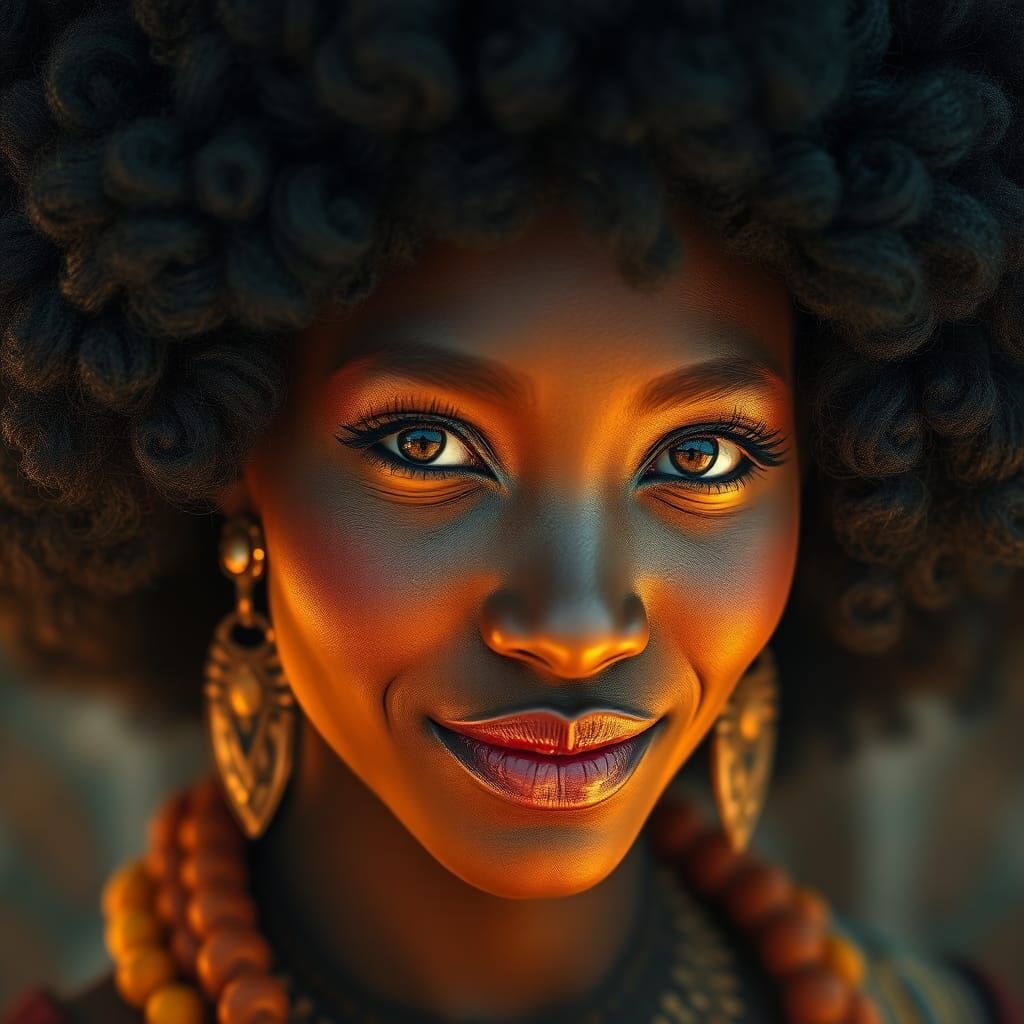 Regal African Woman with Luminous Eyes, High-Fantasy Concept...