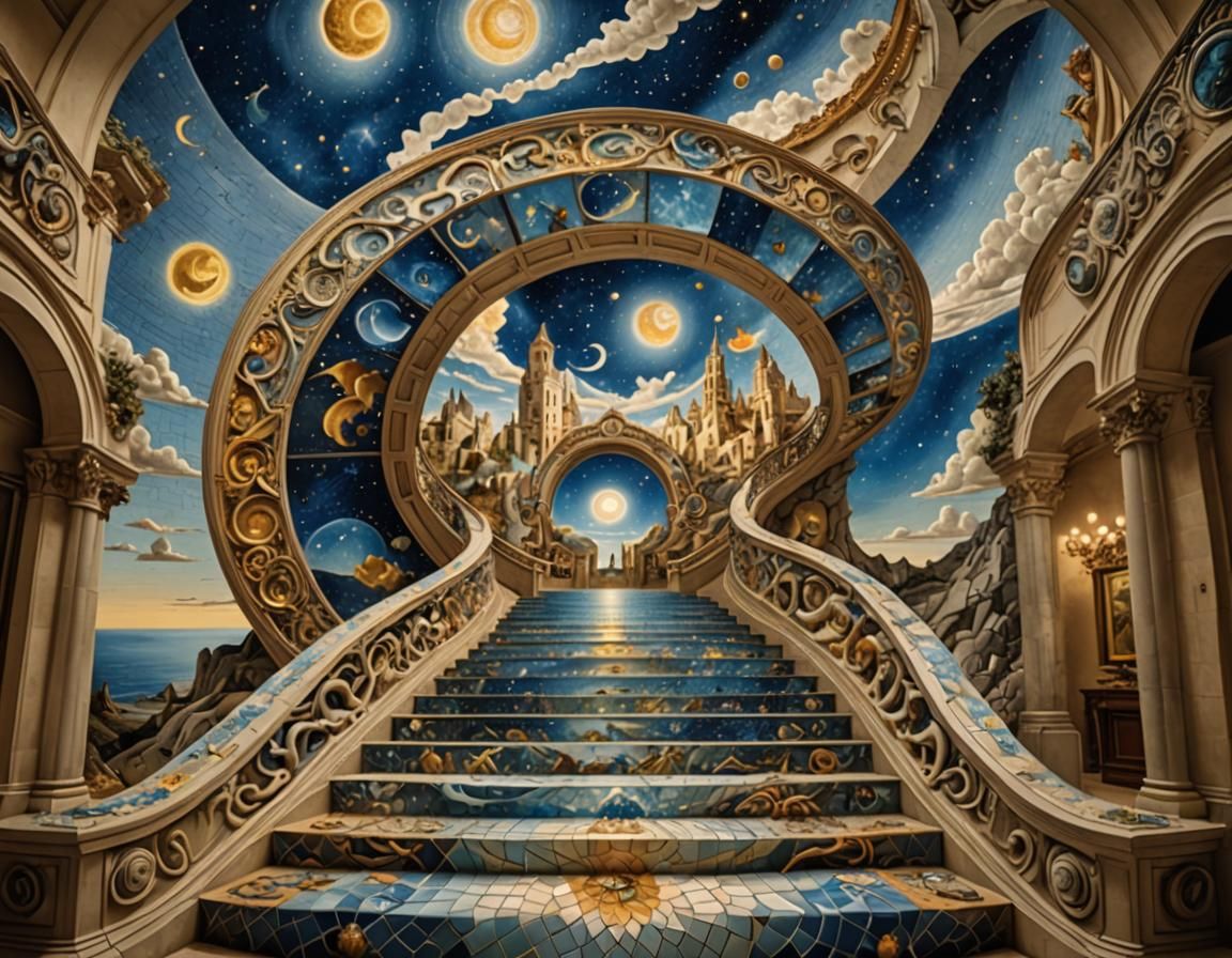 3d mosaic, Salvador Dali inspired staircase to heaven.