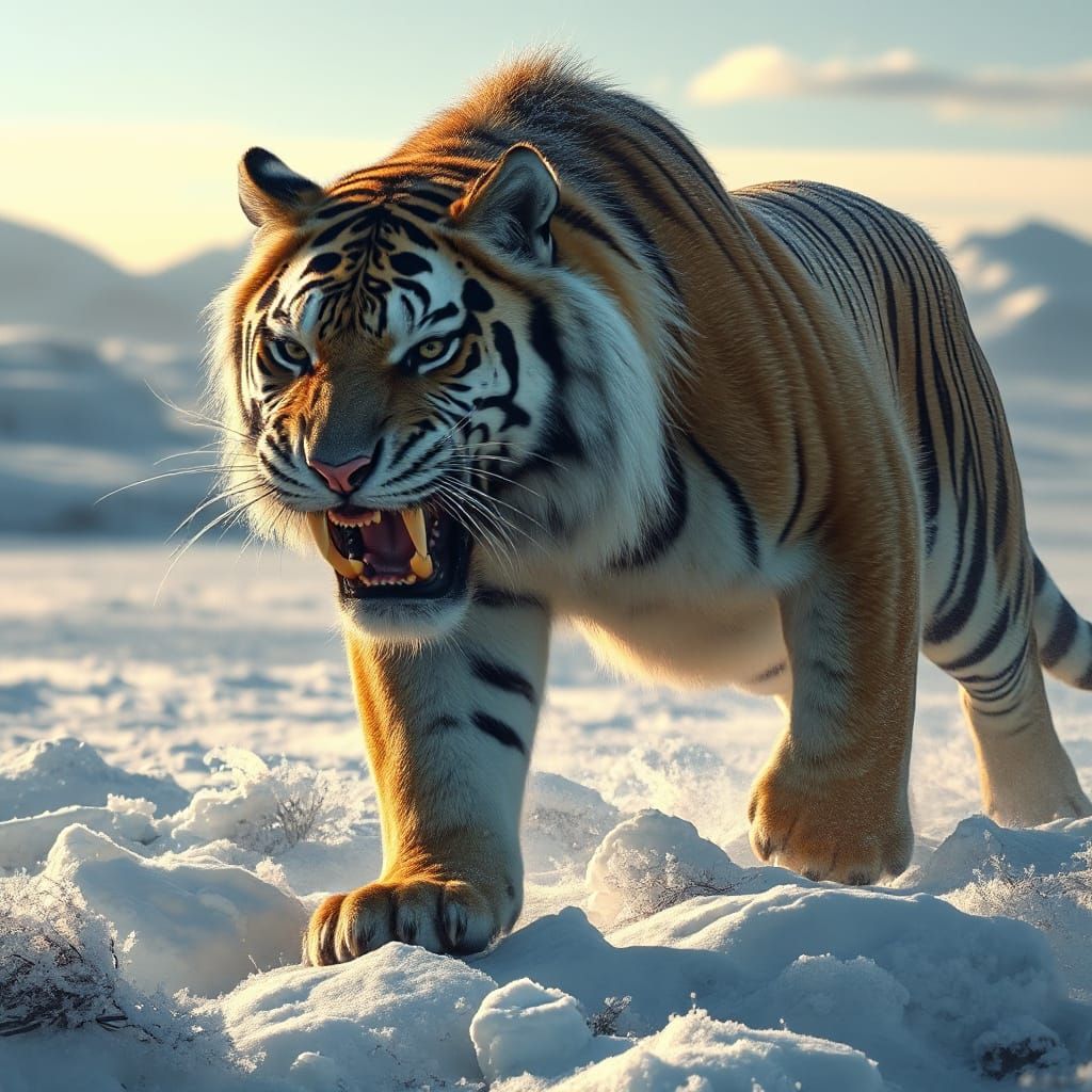 Majestic Sabertooth Tiger Stalks Frosty Tundra