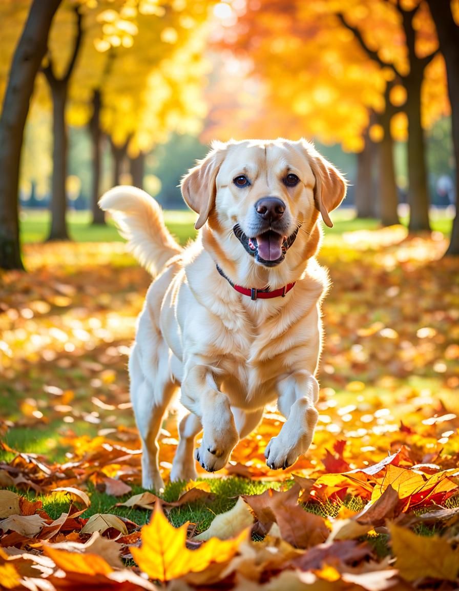 Joyful Labrador Playing in Autumn Park Scene