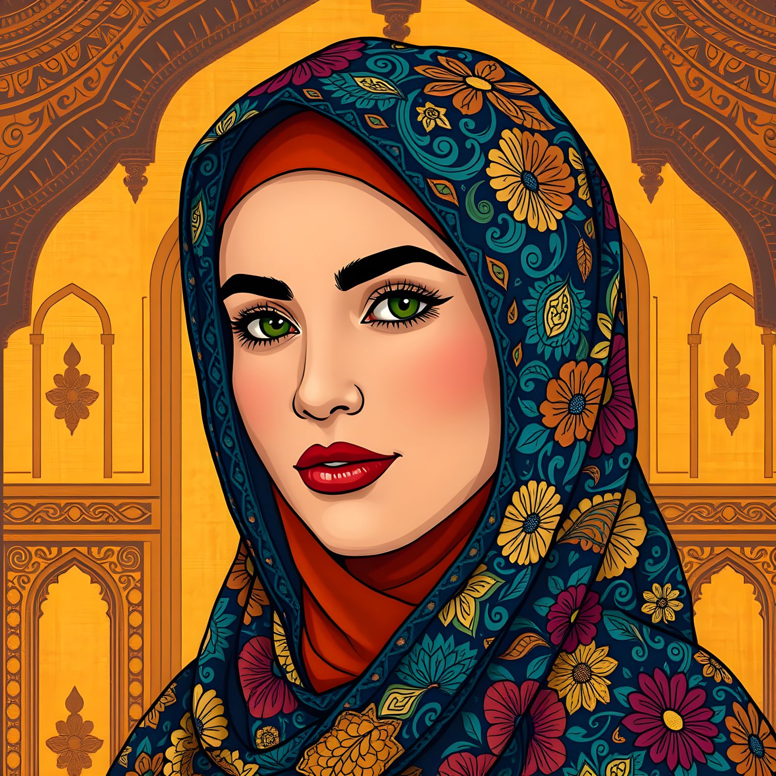Vibrant Hijab Beauty in Islamic Art Style