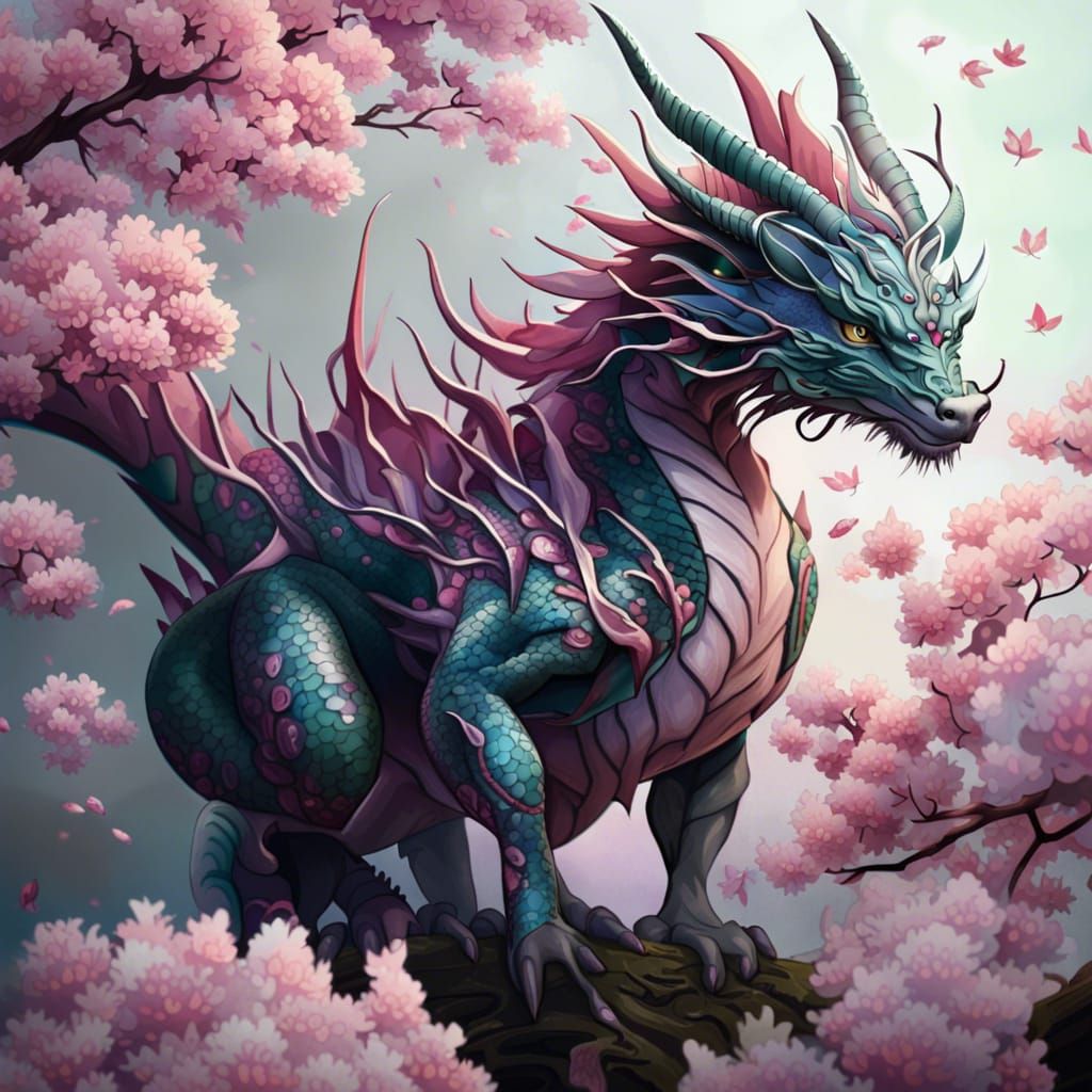 Cherry Blossom Dragon Portrait in Art Nouveau Style
