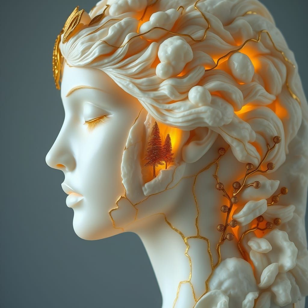 Alabaster Face Merging with Dreamlike Landscape