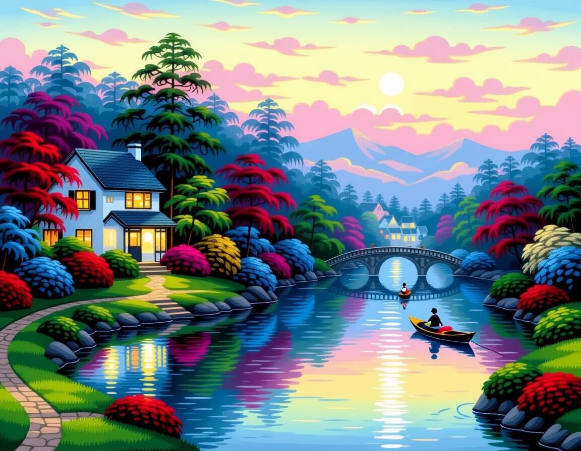 Embroidered Nostalgic Landscape in Pastel Gradients