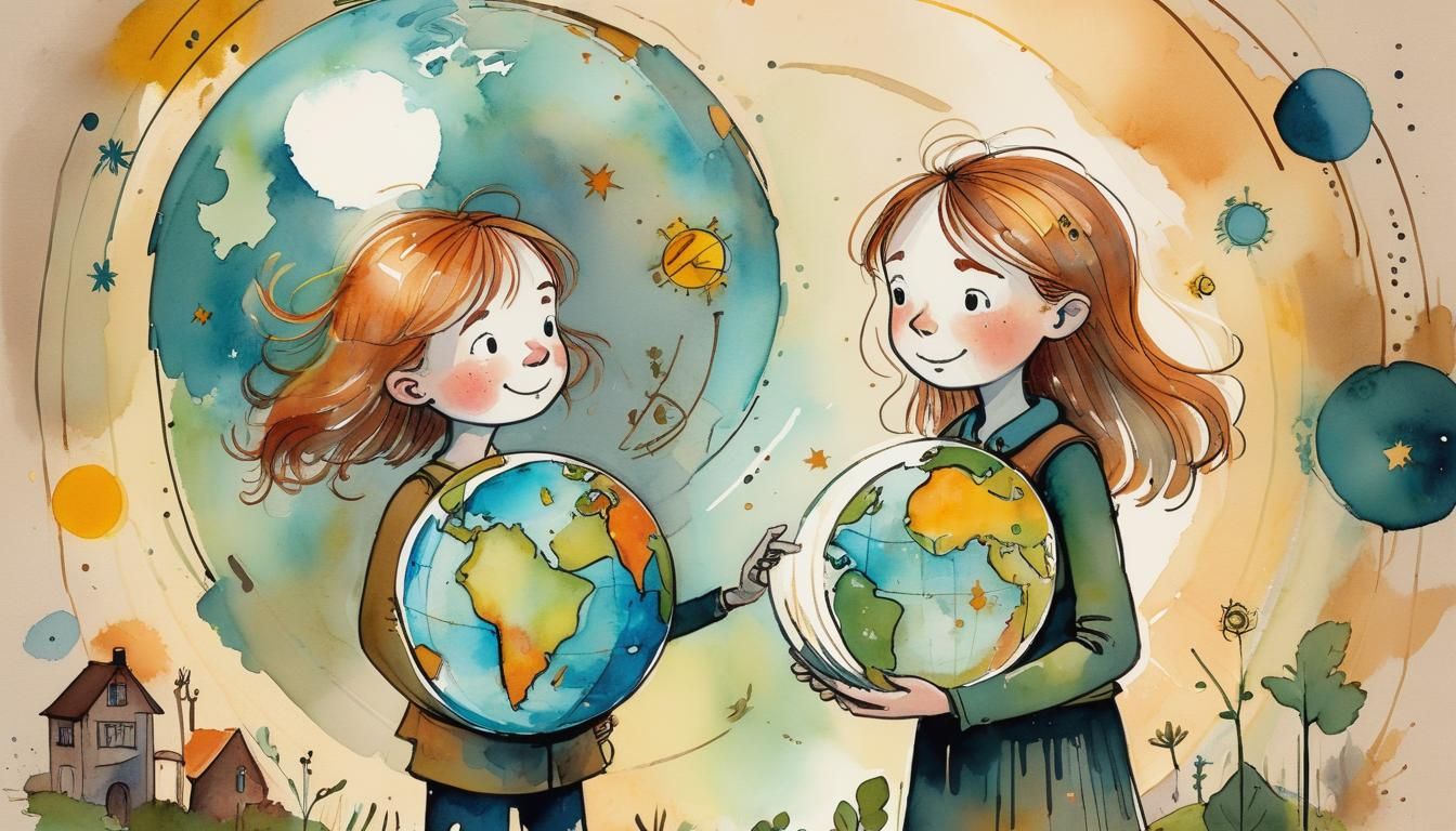 Girl with Glowing Globe in Watercolor Illustration