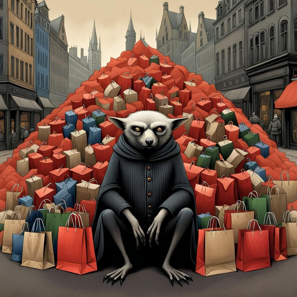 Disappointed Creature Buried Under Shopping Bags