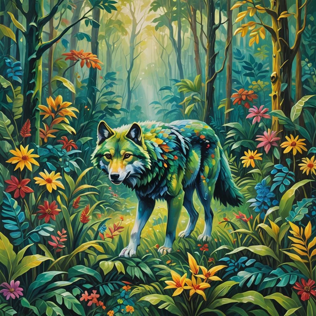 Wolf in Colorful Rainforest Oil Painting