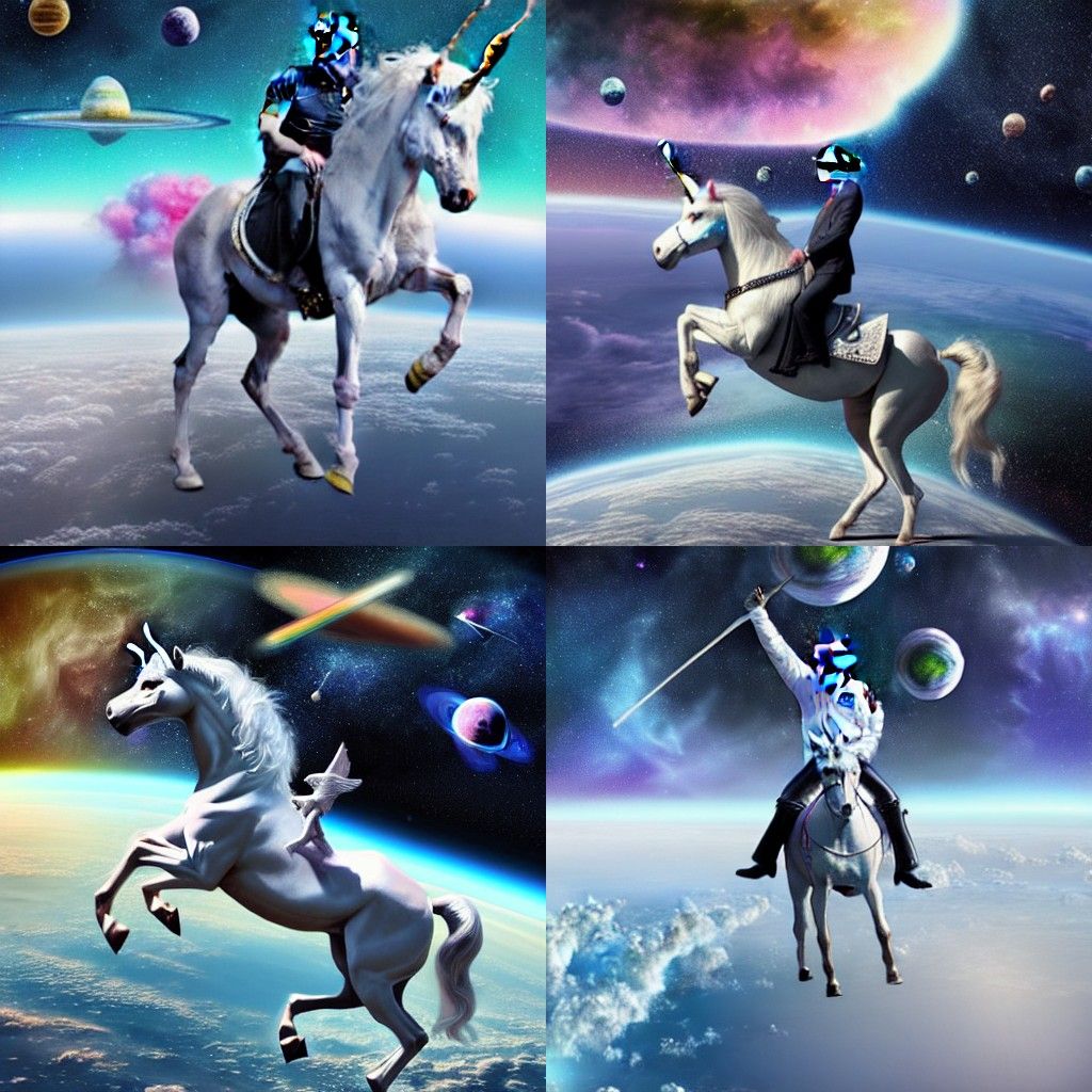 Vladimir Putin riding a unicorn in outer space