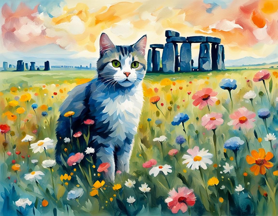 Cat in Meadow, Impressionist Gouache Watercolor