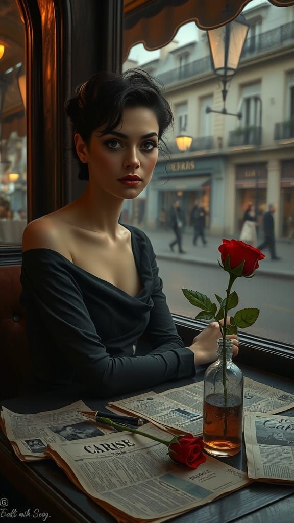 Elegant Woman at Parisian Cafe, Impressionistic Oil Painting