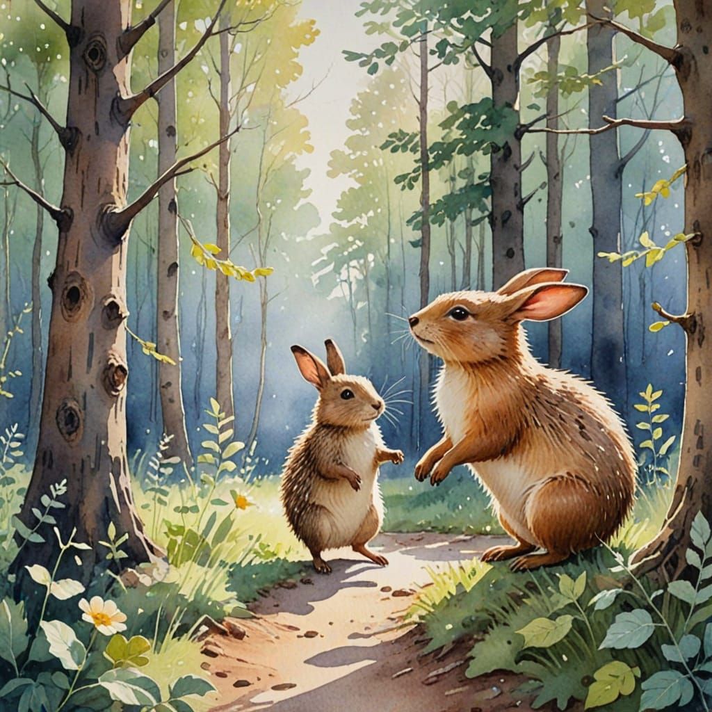 Whimsical Folk Art: Vika, Rabbit, and Hedgehog in Forest