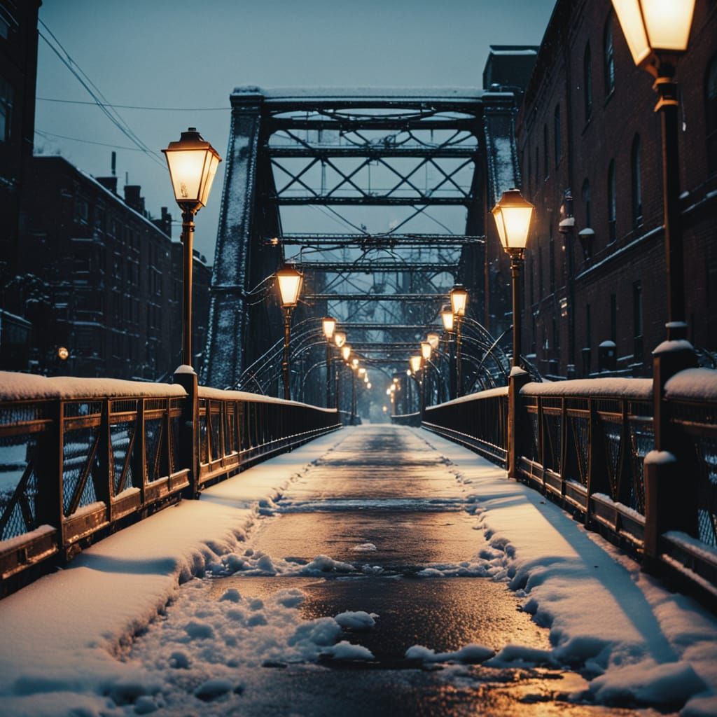 Snowy Urban Bridge in Film Noir Style