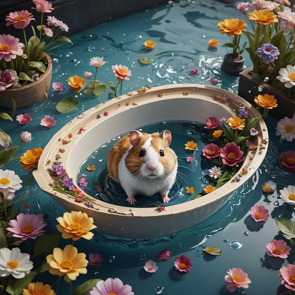 Hamster in Paper Boat Bathtub Overflow: Detailed Matte Paint...