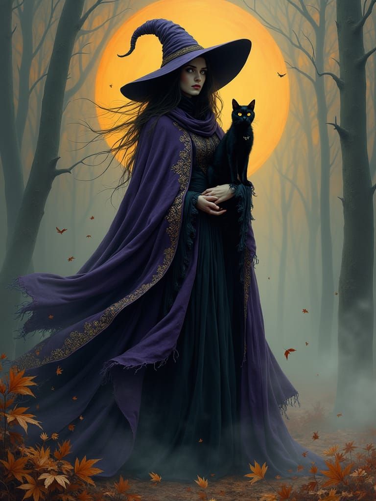 Mystical Witch and Black Cat in Autumn Mist
