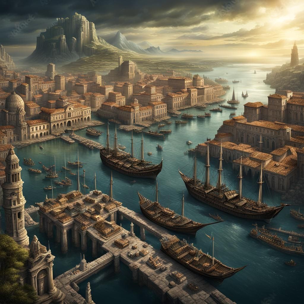Dark Fantasy Roman Port City on Unknown Oceans