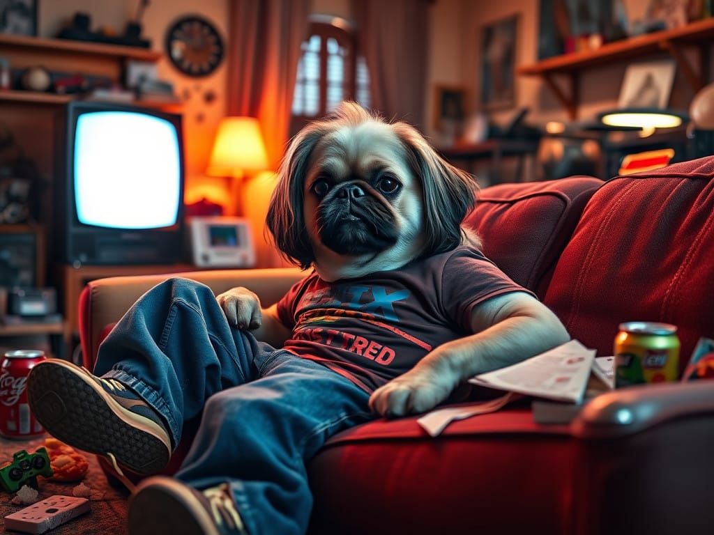Cozy Retro Living Room Scene with Relaxed Shih Tzu