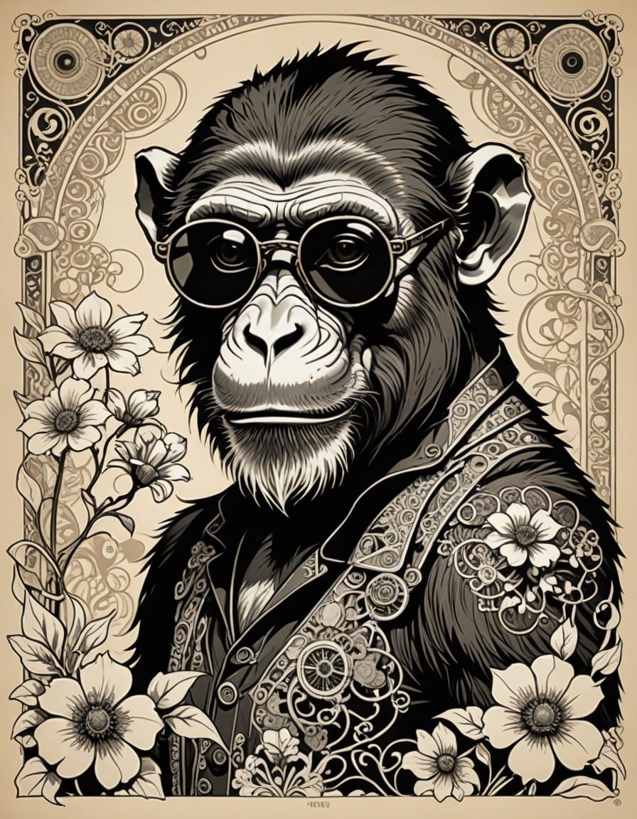 Monkey in Sunglasses with Art Nouveau Floral Design