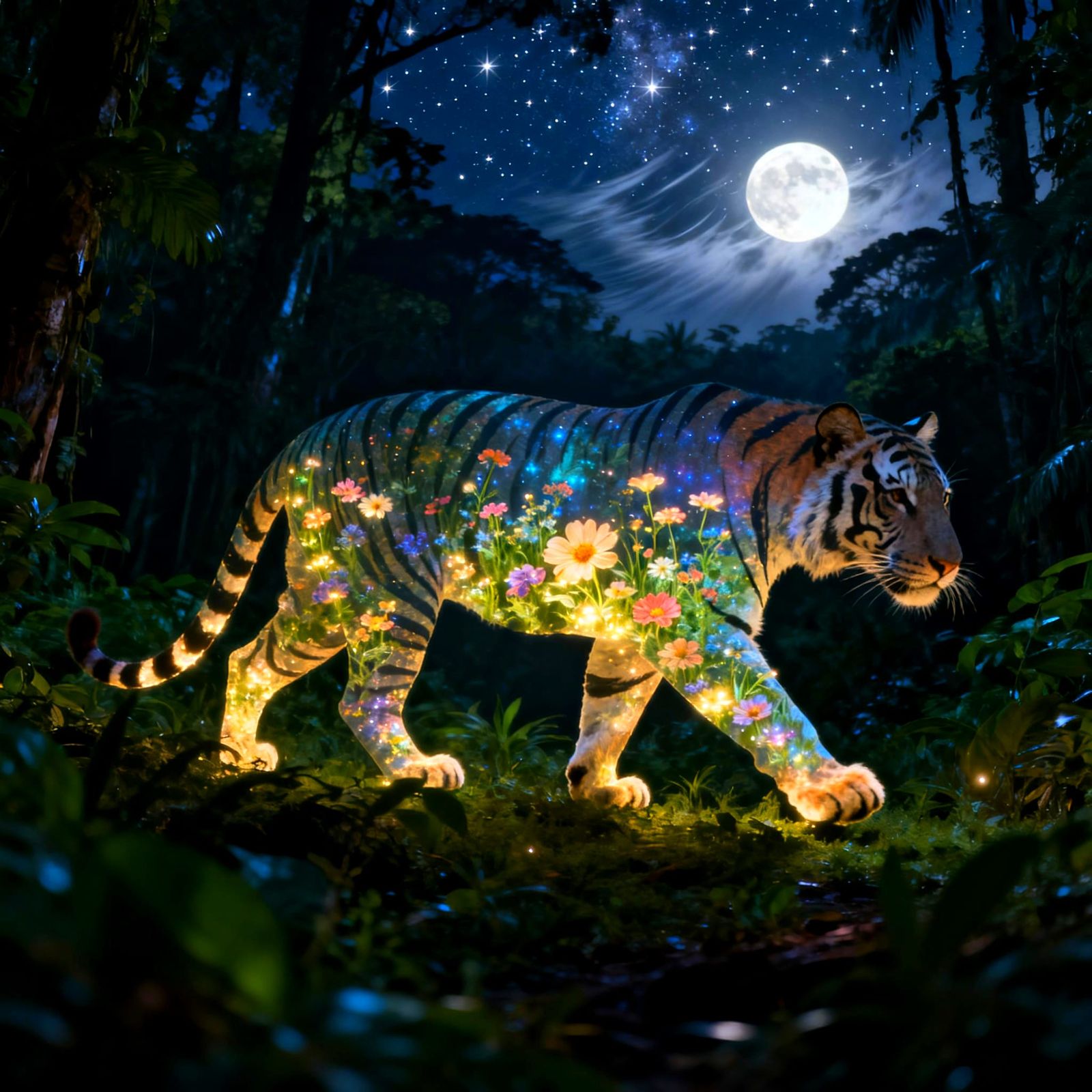 Tiger Silhouette Double Exposed with Glowing Flower Garden