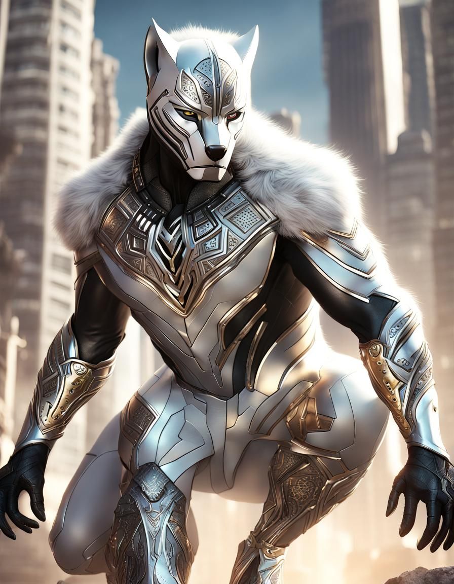 White Wolf Superhero in Intricate Metallic Suit