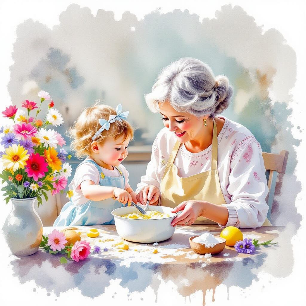 Baby Baking with Nana in Watercolor