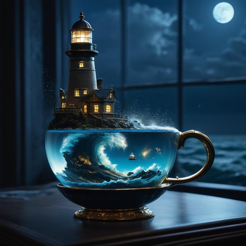 Lighthouse in Teacup: Cyberpunk Ghibli Moonlit Sea