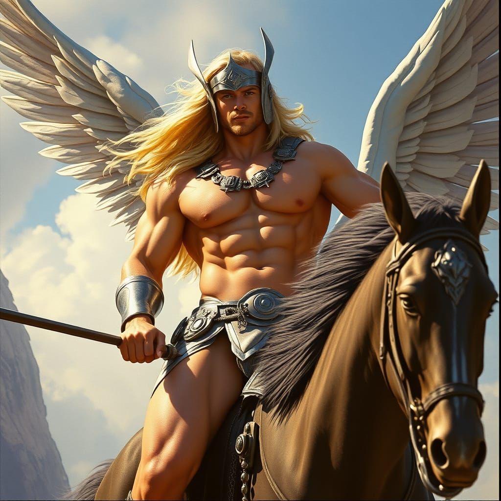 Epic Male Valkyrie Soaring on Winged Steed