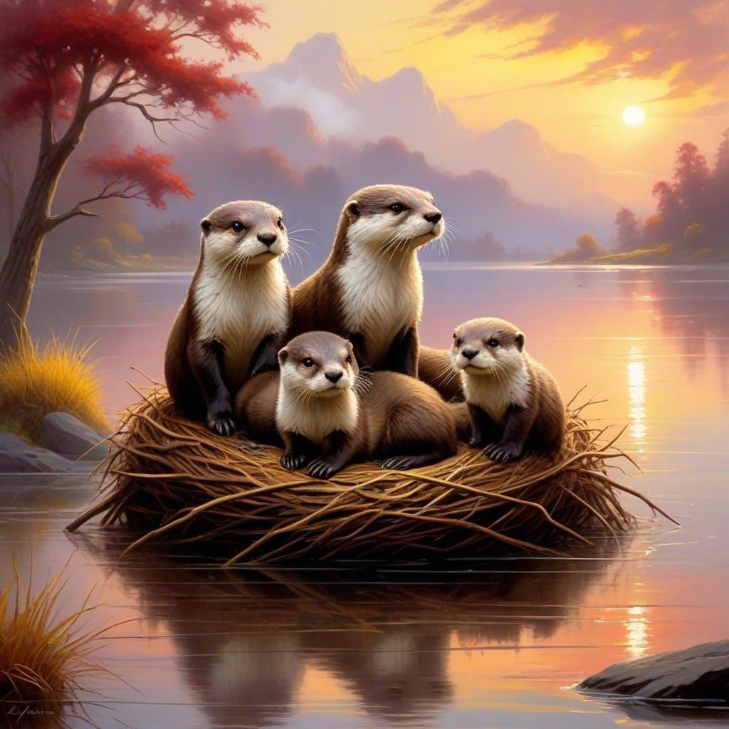 Otter Family Huddled Together in Foggy Lake Scene