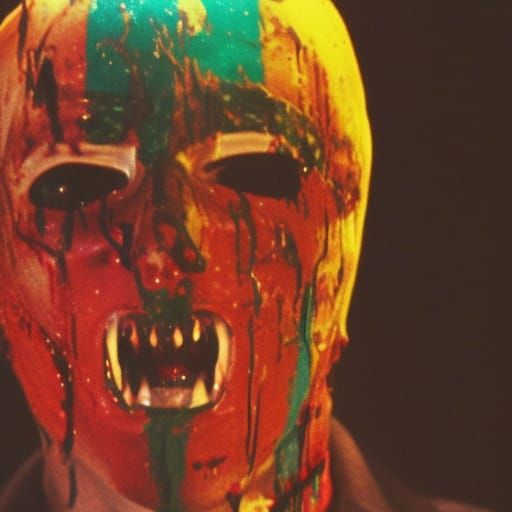 Blood-Splattered Mask in Giallo Horror Style