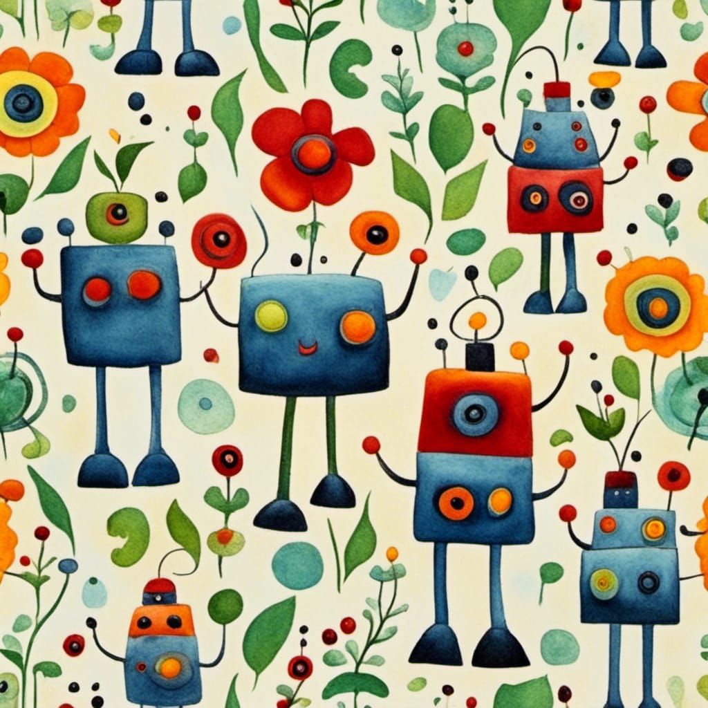 Cute Robots in a Flower Garden, Painterly Style