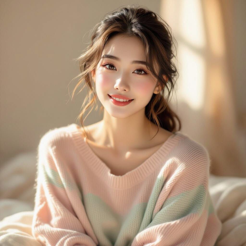 Shy Model in Pastel Clothing, Soft Warm Light