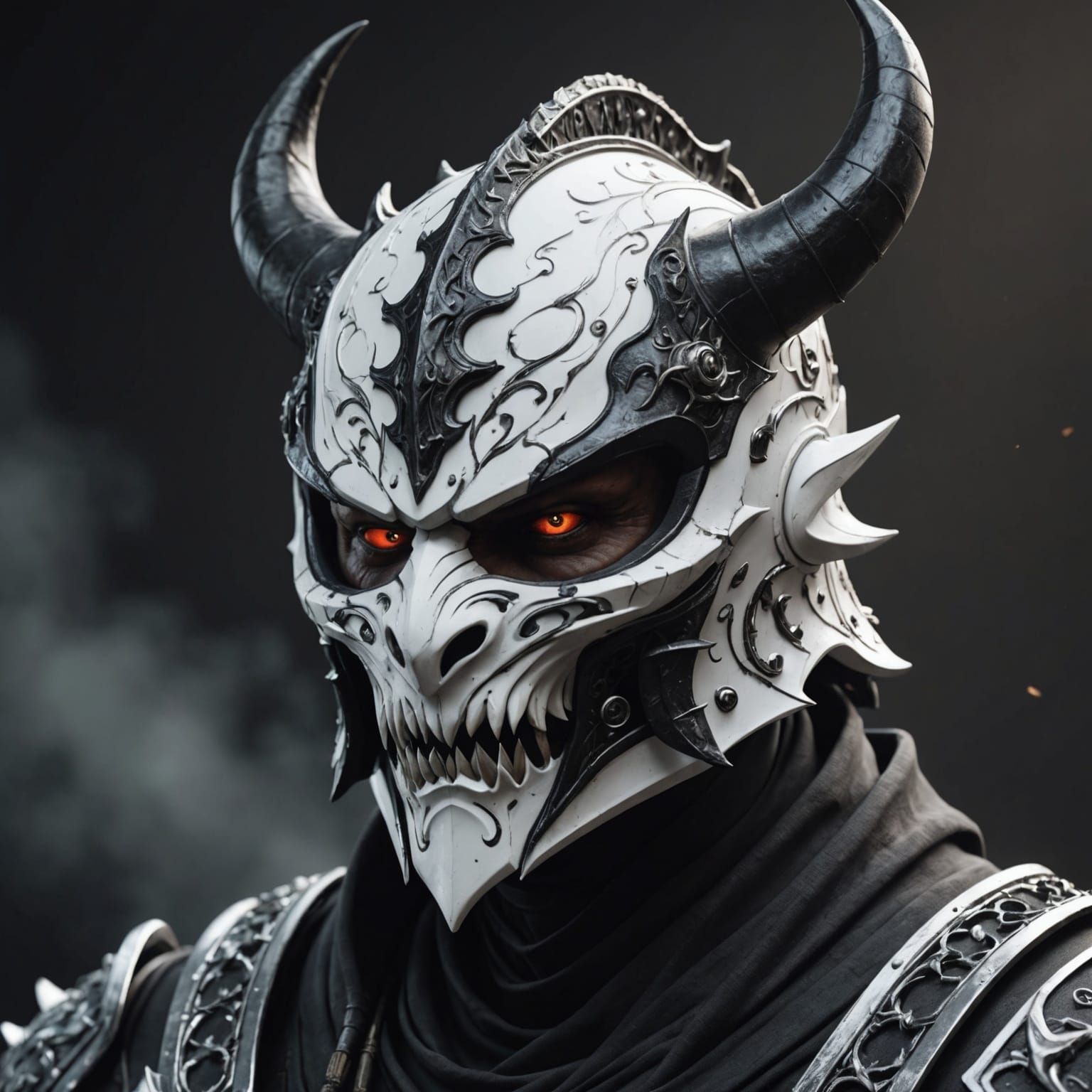Detailed Ninja-Style Demon Helmet in Black and White