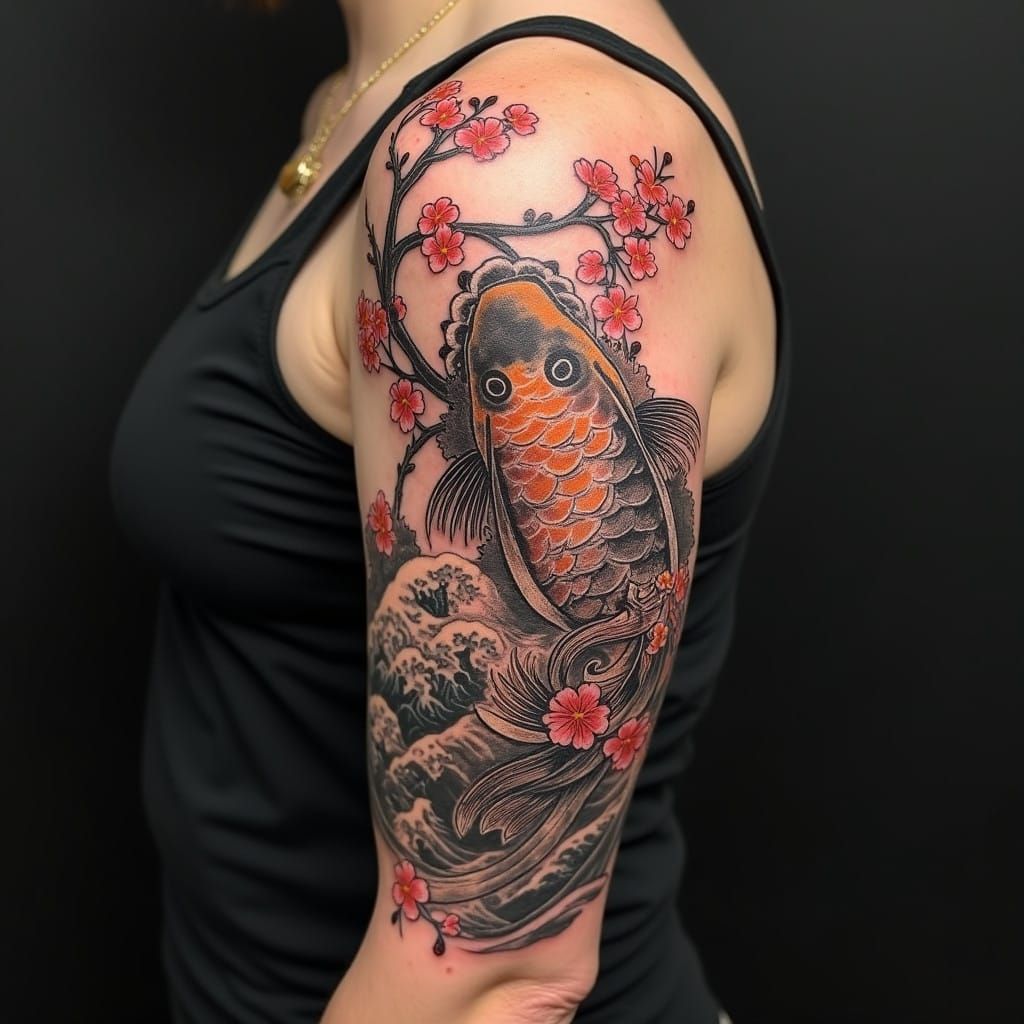 Upper Arm Koi Fish Sleeve Tattoo in Classic Ukiyo-e Style