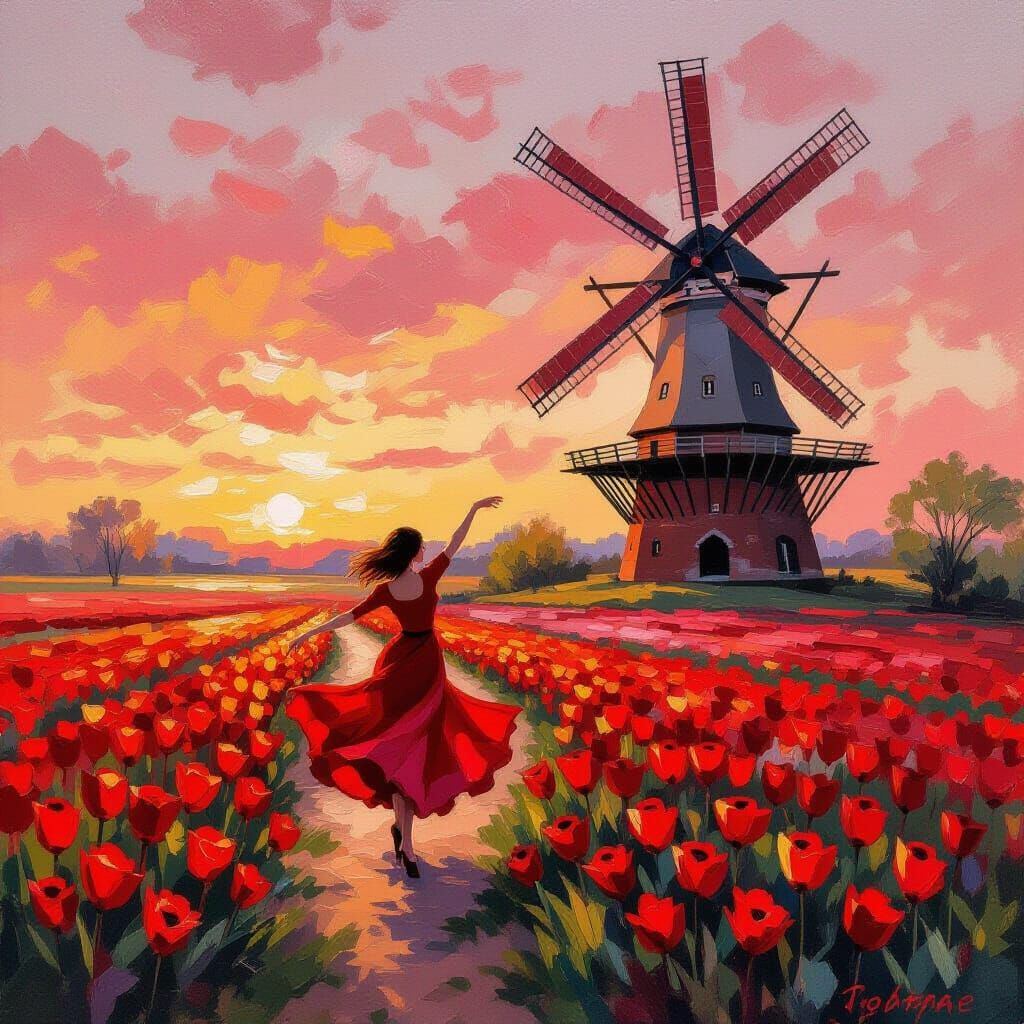 Impressionist Oil Painting of Red Tulips Field at Sunset