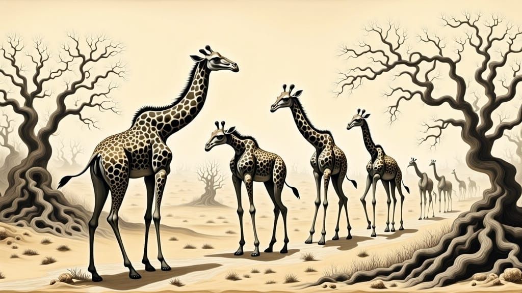 Surreal Finger-Giraffe Caravan in Ink Wash Desert