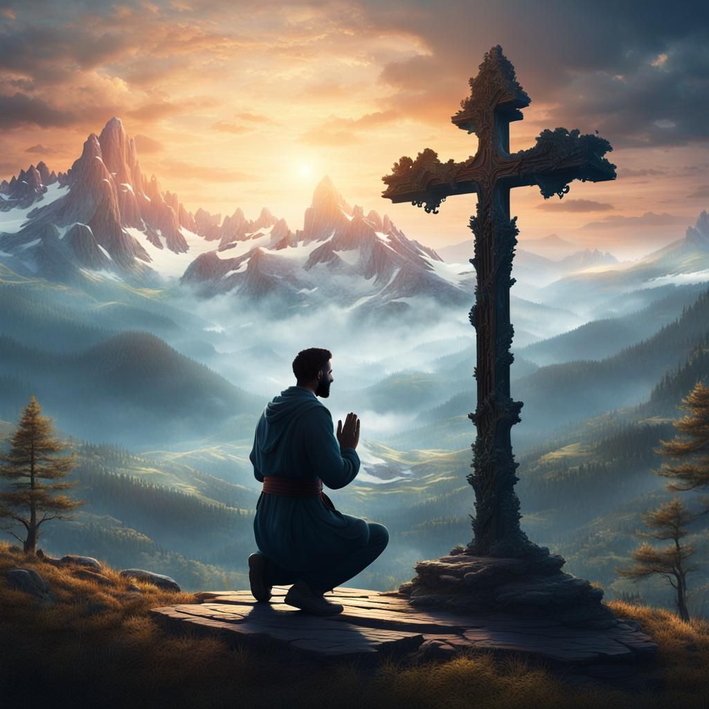 Nature Silhouette Prayer at Wooden Cross