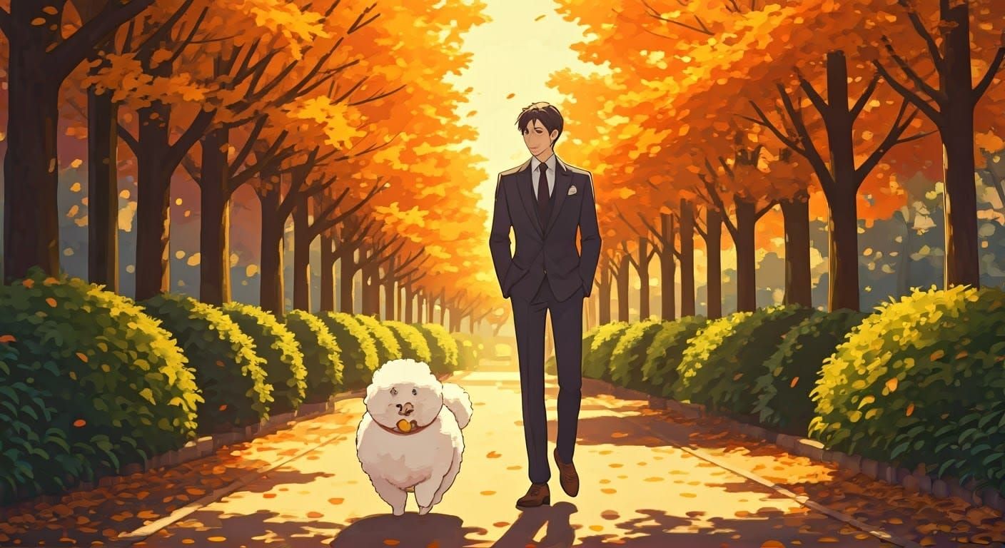 Debonair Man Strolls with Furry Friend in Vibrant Autumn Par...