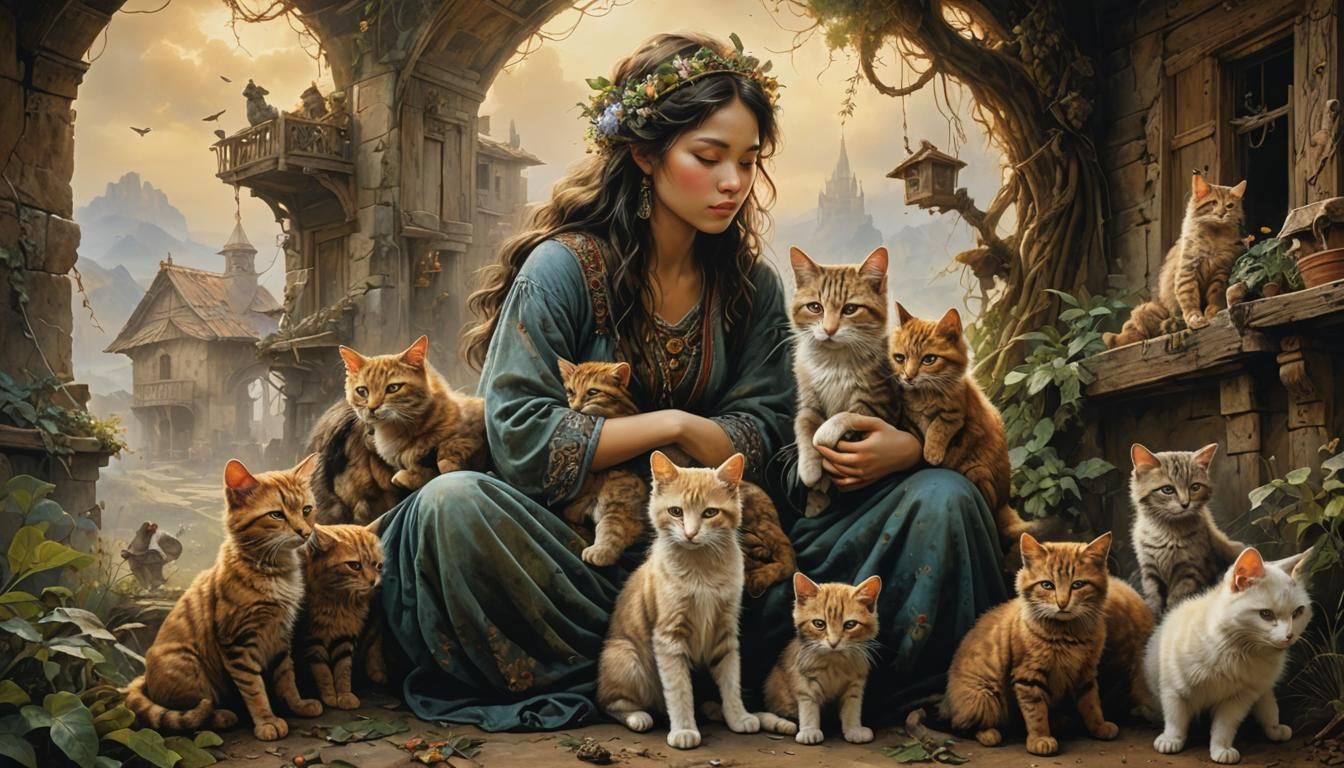 Orphan and Cats in Fantasy Painting Style