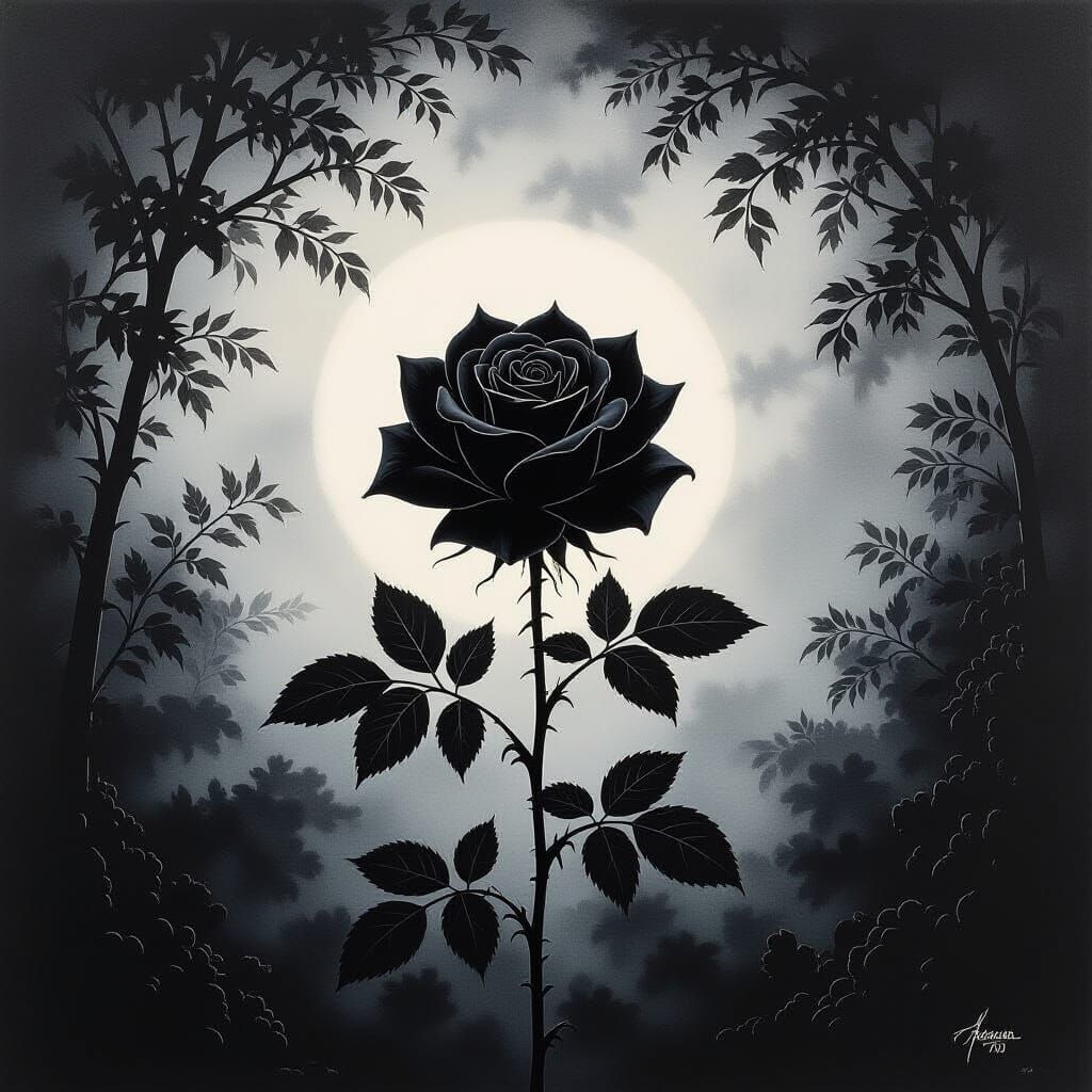 Monochromatic Black Rose in Night Garden, Ink Wash