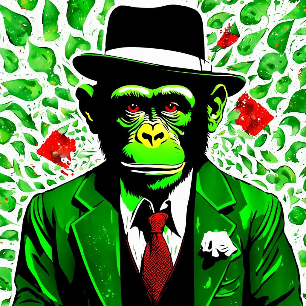 Green Monkey in Capone Hat Graffiti Illustration