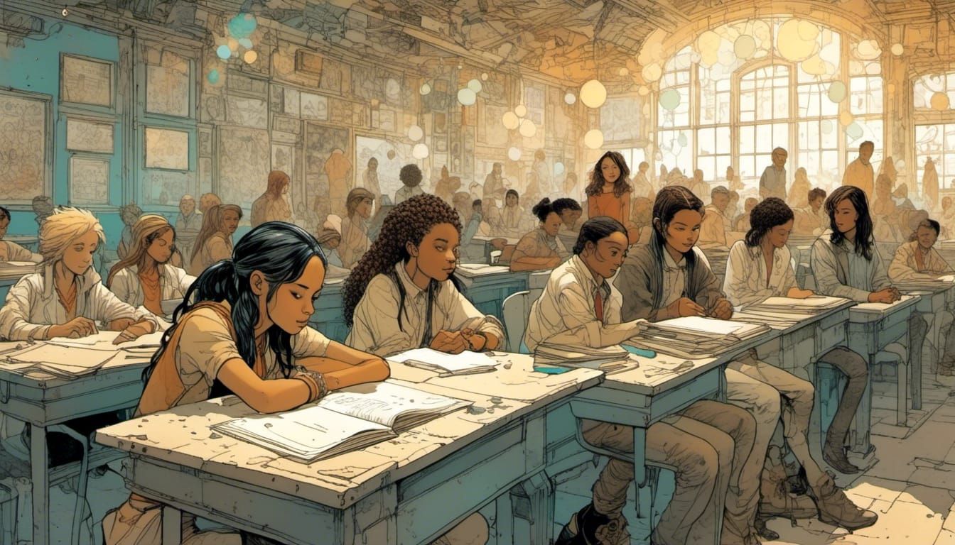 Sci-Fi Schoolhouse Scene as Moebius Comic Art