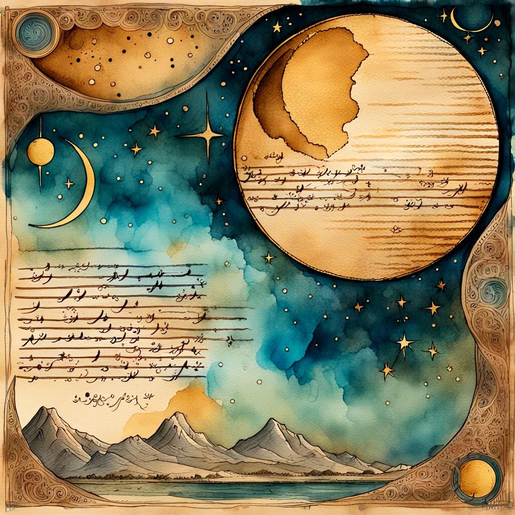 Moon Cycle Drawing on Papyrus in Da Vinci Style