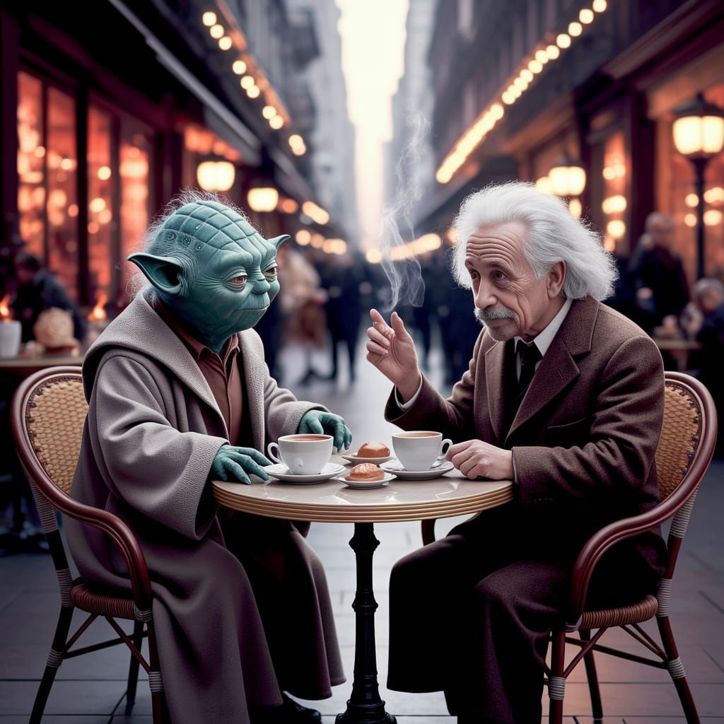 Einstein and Yoda in Intimate Café Conversation